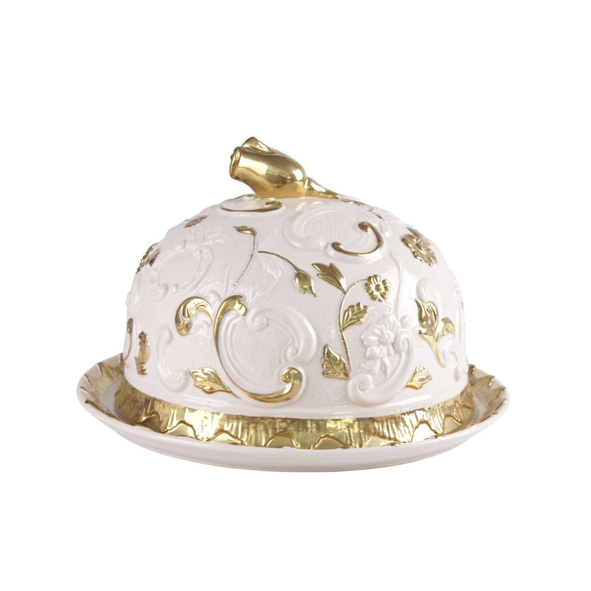 Taormina White &amp; Gold Round Tray Dome Covered 