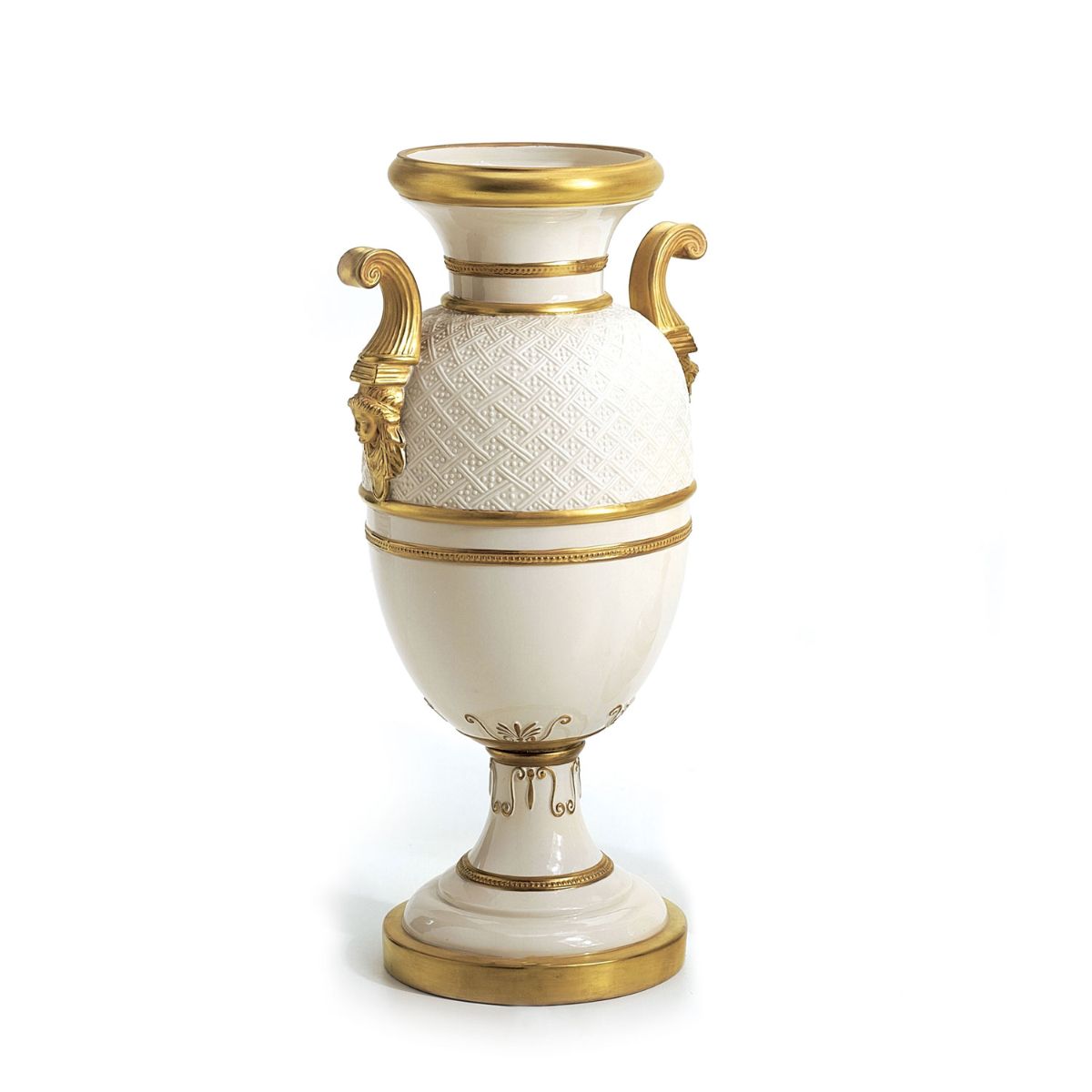 Empire Embroided Vase With Handles - White & Gold