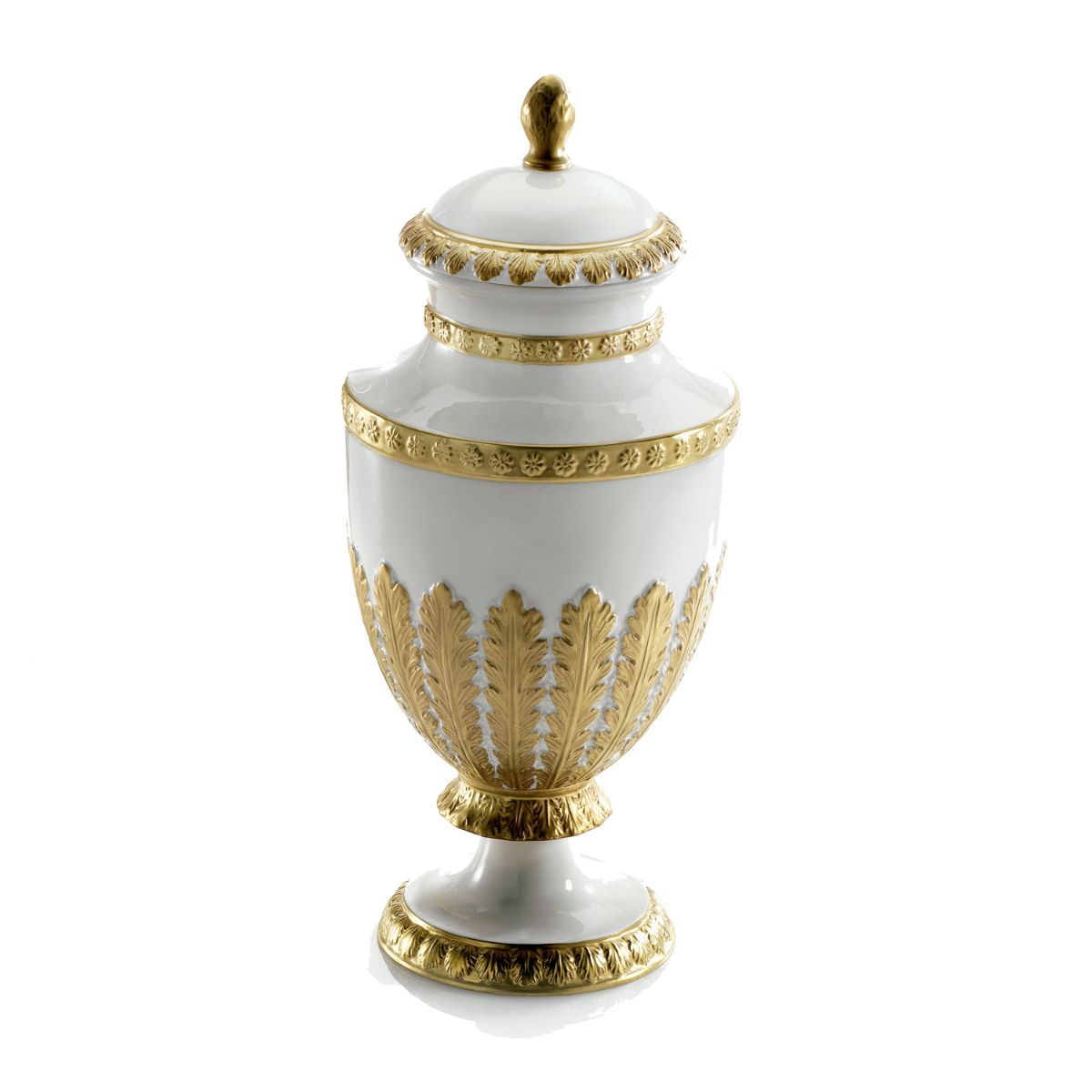 Empire Feather Potiche Vase - White & Gold