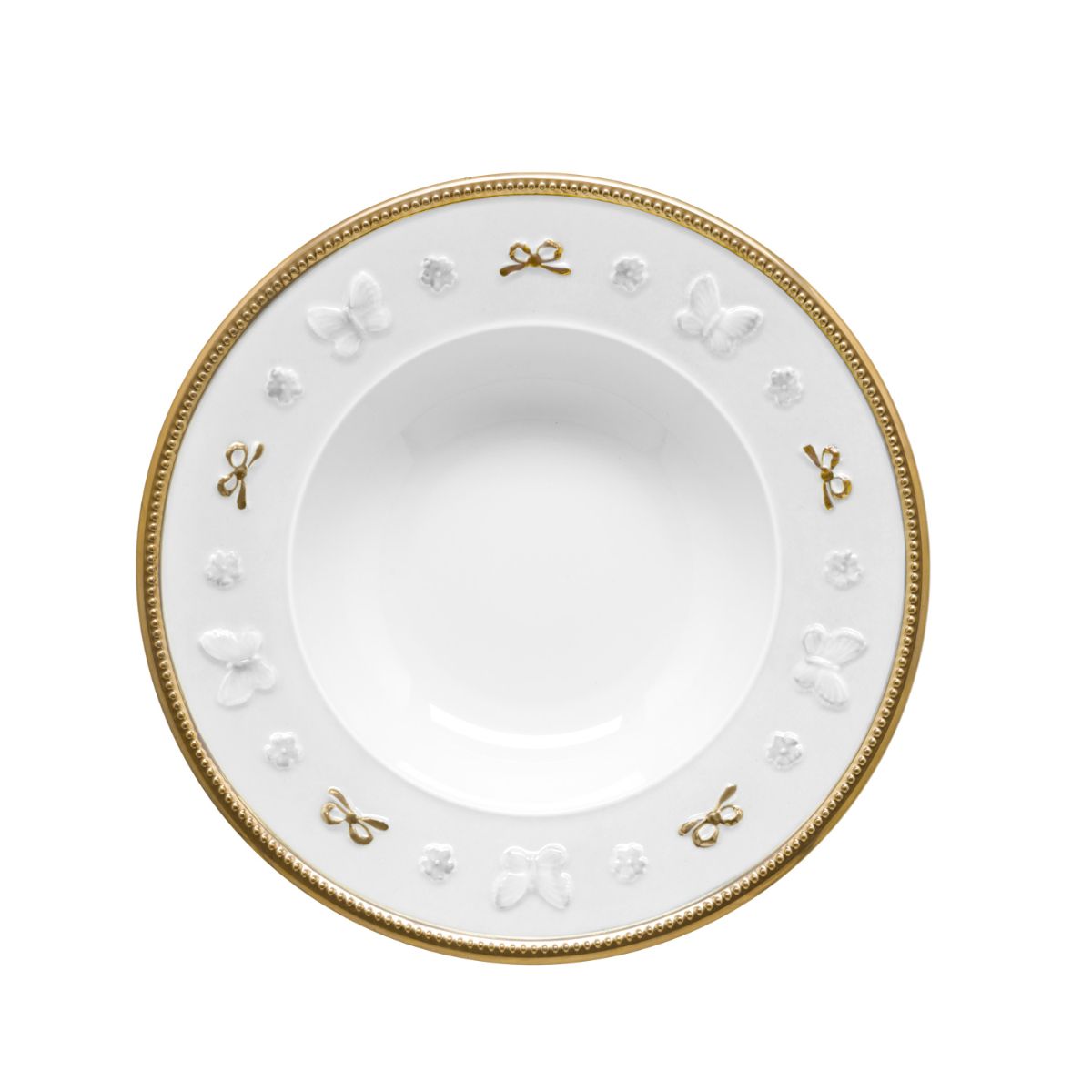 Butterfly White &amp; Gold Rim Soup Plate 