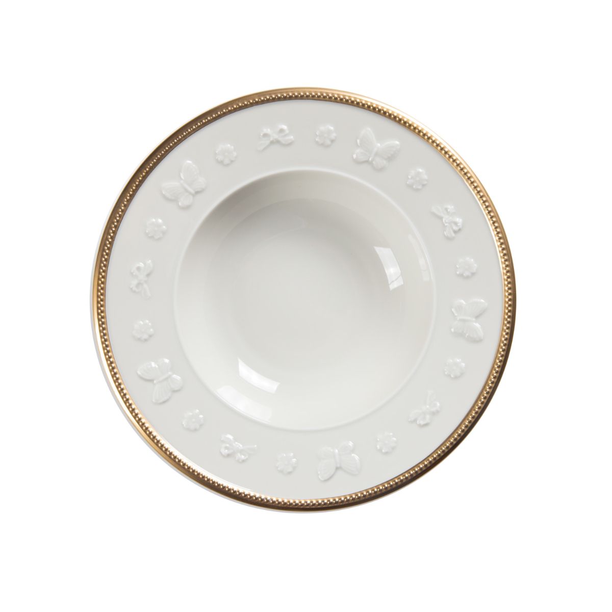 Butterfly White &amp; Gold Rim Soup Plate 