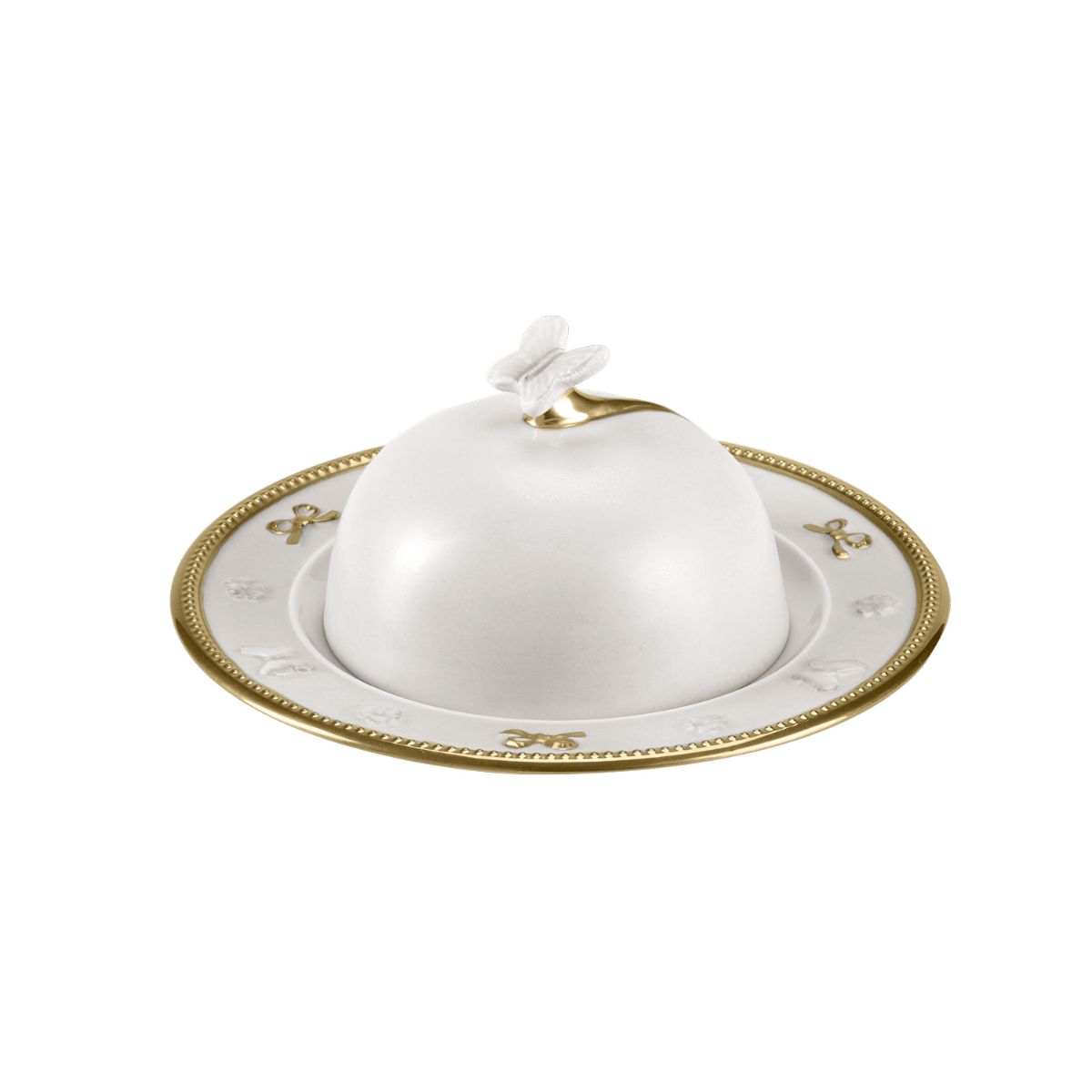 Butterfly White &amp; Gold Butter Dish With Cloche 