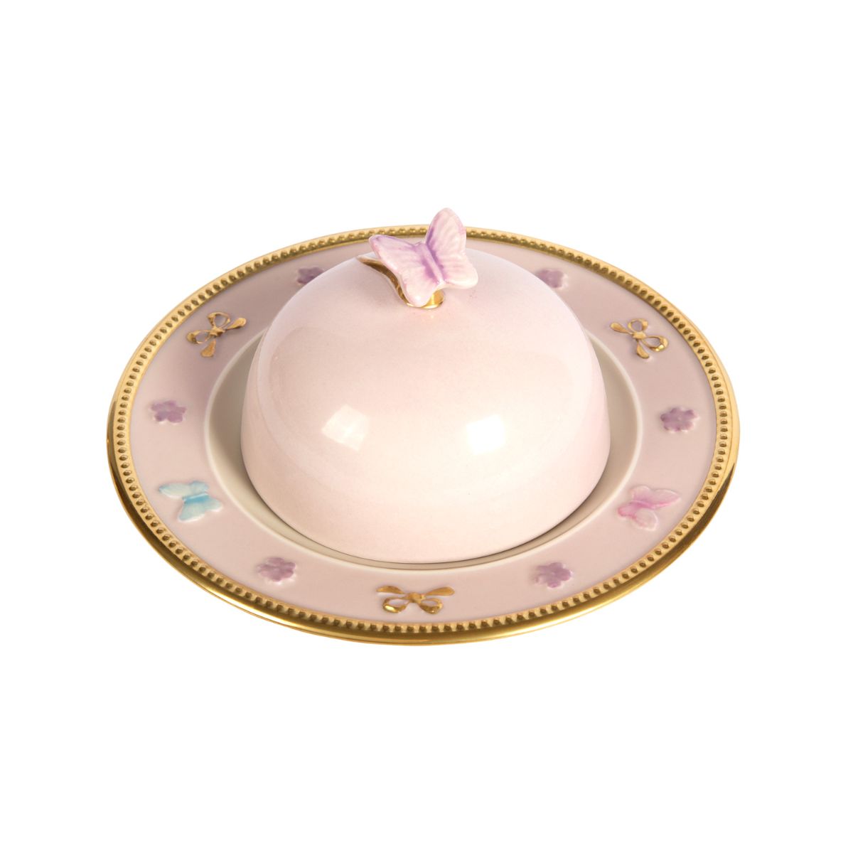 Butterfly Pastel Pink Butter Dish With Cloche