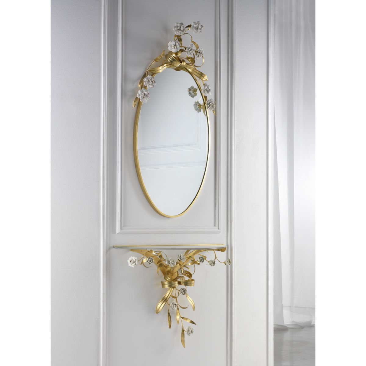Camelia Oval Mirror - Gold &amp; White 