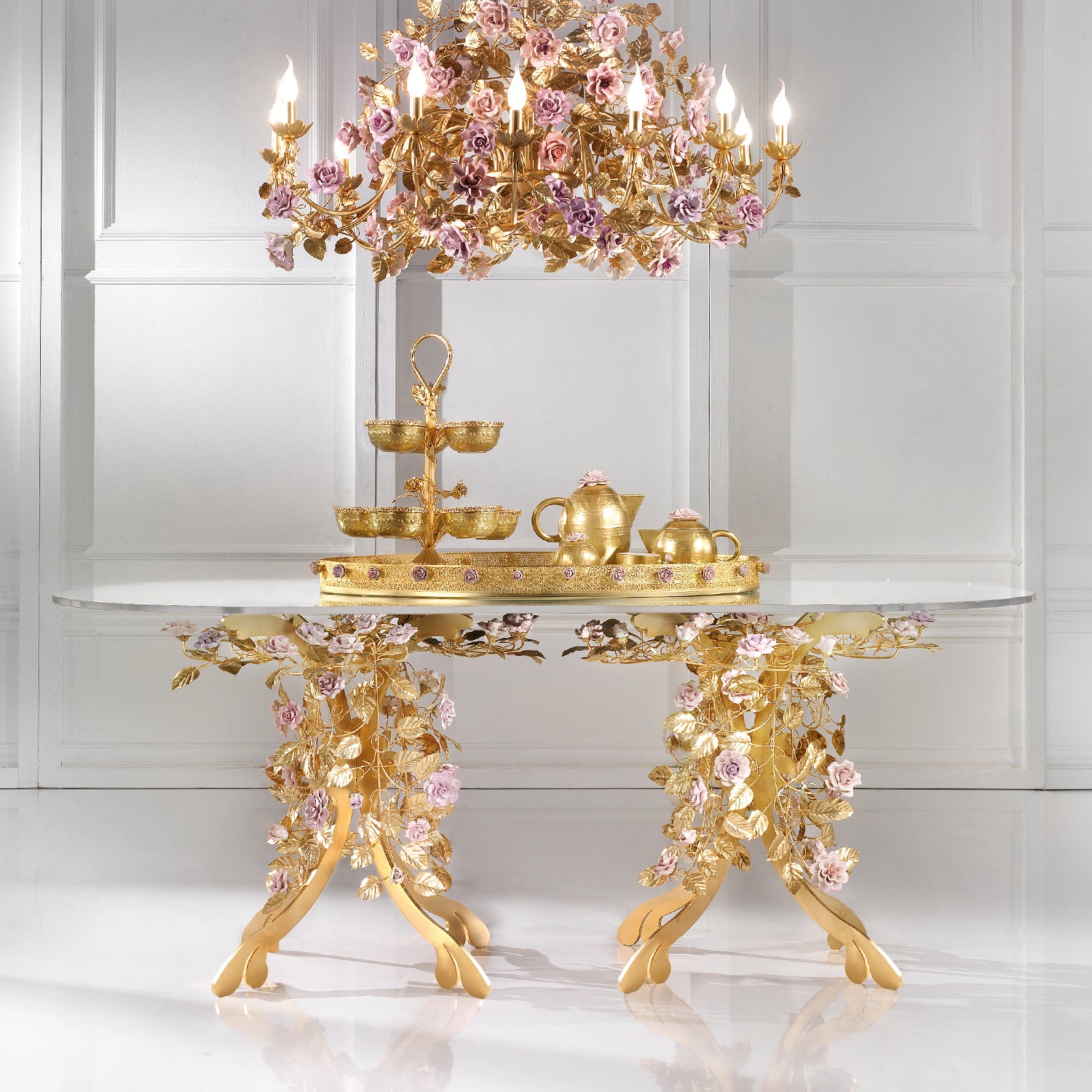 Marie Antoinette Oval Dining Table - Gold & Pink