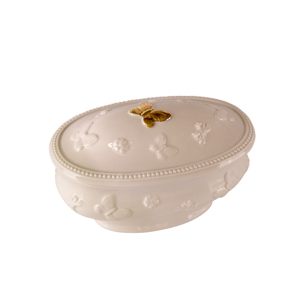Butterfly Oval Trinket Box - White & Gold